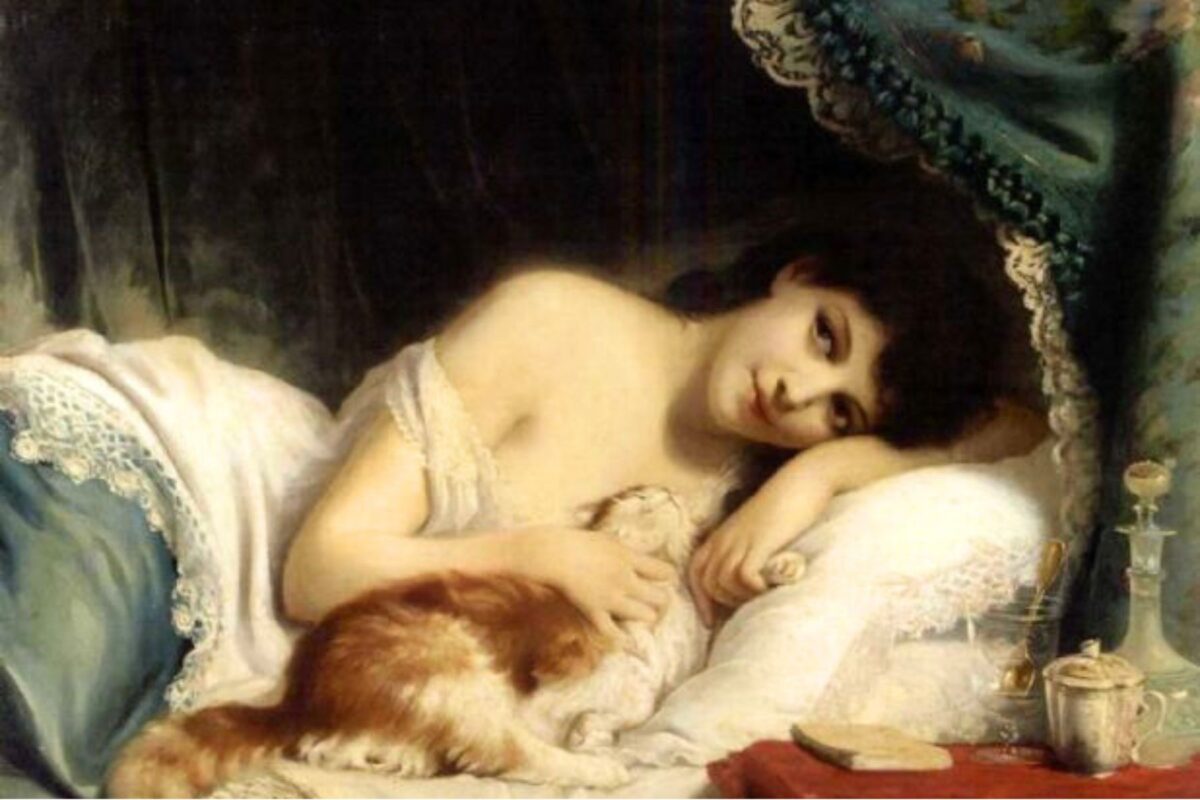 Fritz Zuber-Buhler A reclining beauty with her cat. Public Domain. Source Wikimedia.