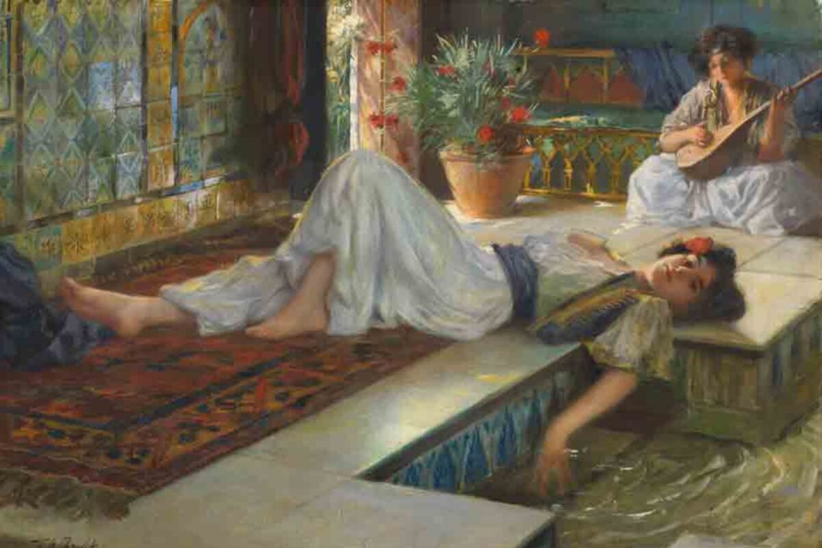 Oil painting of a woman lying on the ground next to a sunken bath while a woman plays a lute in the background. Slow and decadent .Ferdinand Max Bredt - Leisure of the odalisque late 19th century oil painting. Public domain. WikiMedia 